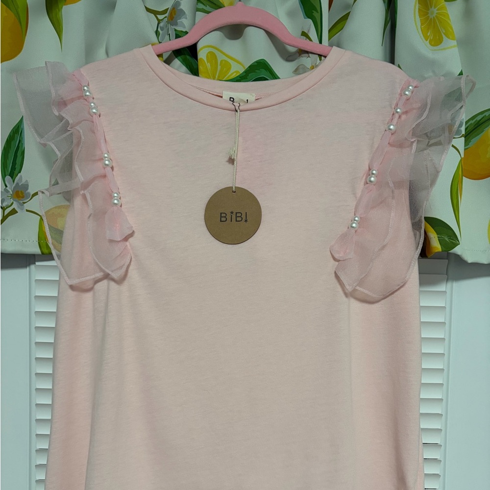 NWT BiBi Light Pink Pearl Ruffle Blouse